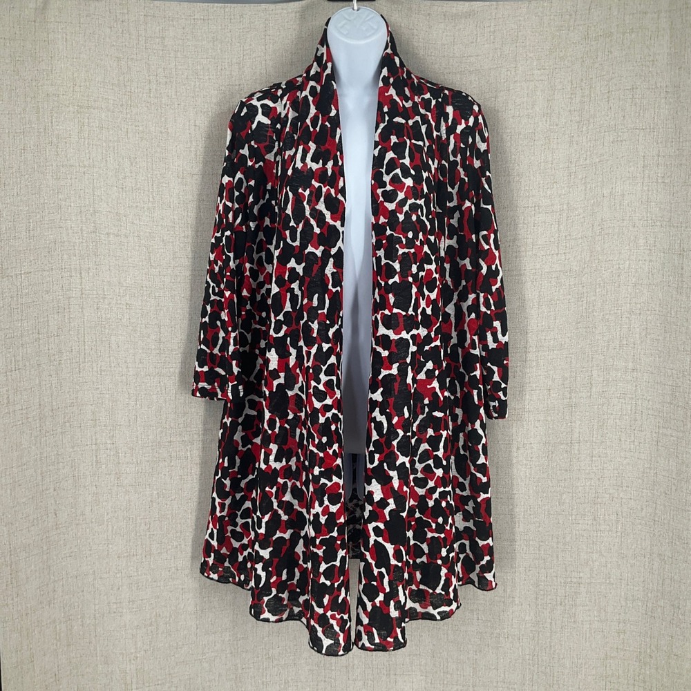 Ali Miles Cardigan Women XL Red Black Abstract Open Front Art to Wear Layering